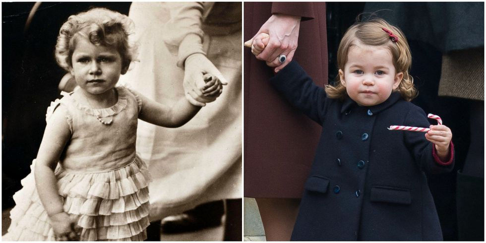 Nalevo fotografie královny Alžběty z roku 1930, napravo princezna Charlotte minulý rok o Vánocích jako téměř identická kopie.
