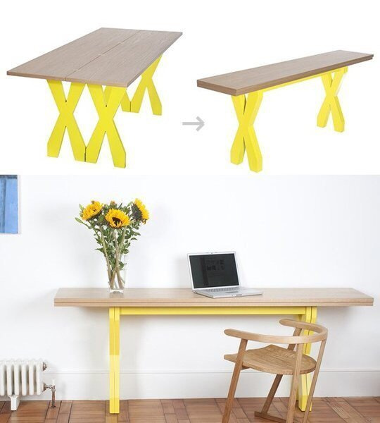 Úzký psací stolek se snadno rozloží v pohodlný jídelní stůl pro celou rodinu, stačí pár pohybů. Foto: Steuartpadwick.com