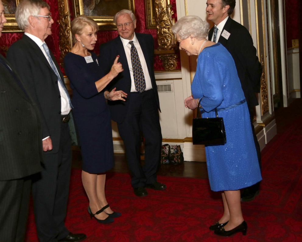 Herečka&nbsp;Helen Mirren&nbsp;na setkání s královnou v roce 2014 v Buckingamském paláci oblékla tmavě modré jednoduché šaty.
